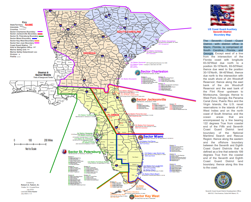 The Seventh Coast Guard District, with district office in Miami, Florida, is comprised of: South Carolina, Florida, and Georgia, Puerto Rico and the US Virgin Islands.